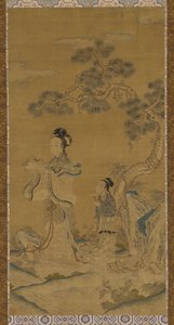 Wandtapijt: een Daoïstische vrouwelijke Onsterfelijke en bediende onder een den, Ming-dynastie, 1368-1644