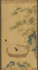 Tapijt: duiven baden in een kom, rotsen en bamboes, Mogelijk Ming-dynastie, 1368-1644 door Unbekannt