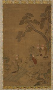 Wandtapijt: vijf wijzen in een tuin onder dennen, Ming-dynastie tot Qing-dynastie, 1368-1911