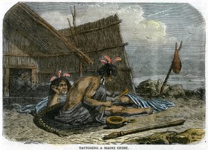 Het tatoeëren van een Maori-hoofdman, Nieuw-Zeeland door Unbekannt