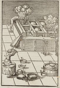 Techniek en instrumenten voor het verwarmen van zilvererts - Gravure uit Beschrijving van mineralen en de belangrijkste mijnbouwmethoden, van Lazarus Ecker door Unbekannt