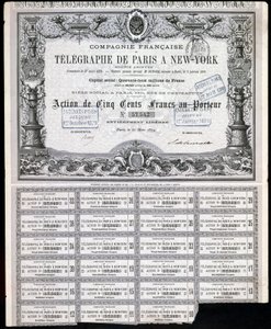 Telegrafie, Algemeen Parijs-New York Telegraaf Aandeelcertificaat, 27 maart 1879 door Unbekannt