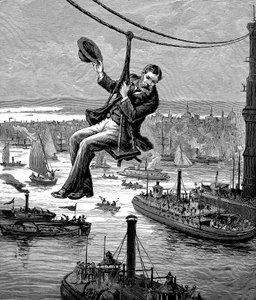 Testen van de kabels op de Brooklyn Bridge, ca. 1900