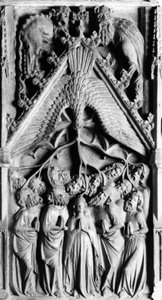 Het Altaarstuk van het Leven van de Maagd Detail. Laag reliëf door Jaume Cascalls (? -1378) 14e eeuw Kerk van Onze-Lieve-Vrouw van Corneilla de Conflent (Oostelijke Pyreneeën)
