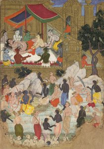 Het ontwaken van Kumbhakarna in de Gouden Stad Lanka, Folio uit een Ramayana, ca. 1605
