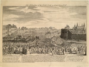 De onthoofding van de Jacobitische rebellen op Tower Hill, 1746