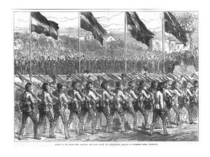 The Black Watch 42nd Highlanders marcheren naar Governors Green, Portsmouth, 1874 door Unbekannt