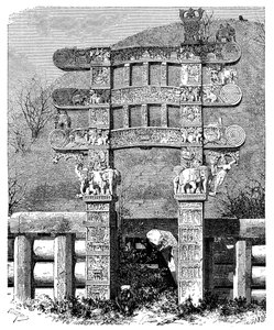 De Oostpoort van de Sanchi Tope, India, 1895