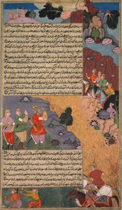 Het eerste avontuur van het witte paard, pagina uit de Khan Khanans Razm Nama..., c. 1610-17 door Unbekannt