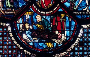 De barmhartige Samaritaan zorgt voor de pelgrim, glas-in-lood, Kathedraal van Chartres, Frankrijk, 1205-1215