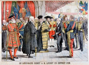 De Londense burgemeester geeft de heer Loubet een gouden doos, 1903