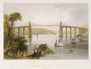 De Menai-brug, Bangor Noord-Wales, ca. 1826-ca. 1850 door Unbekannt