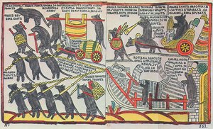 De muizen begraven de kat, Lubok print, 1760 door Unbekannt