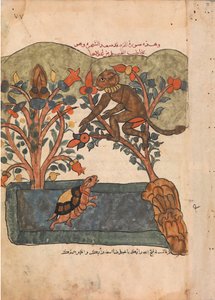 De aap ontsnapt naar de veiligheid van de vijgenboom, Folio uit een Kalila wa Dimna, 18e eeuw door Unbekannt