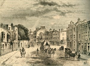 Het oude dorp Vauxhall, met ingang naar de tuinen, in 1825, ca. 1878 door Unbekannt