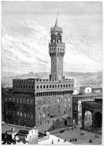 Het Piazza della Signoria, Palazzo Vecchio, Florence, Italië, 1882