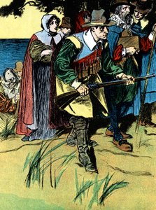 De pelgrims na aankomst in Amerika, 1620, ca. 1900 door Unbekannt