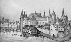 De Pont aux Meuniers en een deel van het Palais du Roi de la Cité in 1556, 1915