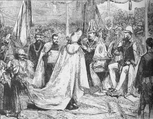 De Prins van Wales die voorzit bij een Groot Hoofdstuk van de Ster van India in Calcutta, 1875 door Unbekannt