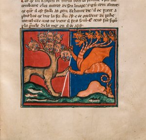 Het zeebeest en het aardbeest. Miniatuur uit: Apocalypse de saint Jean door Unbekannt