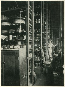 De planken van Edisons laboratorium met monsters van elke bekende stof, 1902