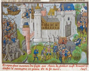 Het Beleg van het Kasteel van Mortagne, nabij Bordeaux, in 1377 uit Recueil des croniques d