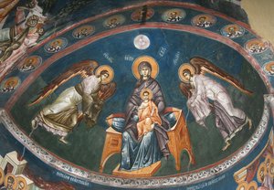 De Maagd op de Troon met Christus Emmanuel met Aartsengelen Michael en Gabriel