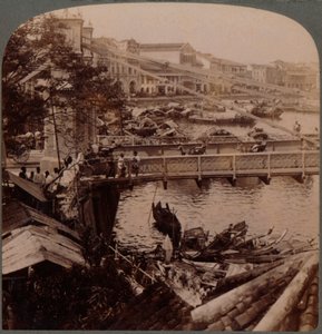 Het centrum van het verkeer - Singapore River en Kavanagh Bridge, vanaf het landmeterskantoor, Singapore, 19de eeuw