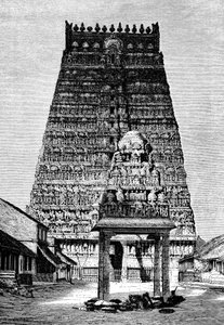 De hoofdgopura van de tempel in Kumbakonam, India, 1895