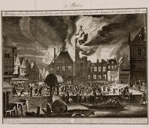 De brand in het oude stadhuis van Amsterdam, Nederland, 7 juli 1652