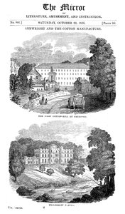 De eerste katoenspinnerij in Cromford, Derbyshire, en het huis van Richard Arkwright, 1836