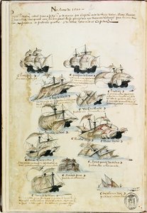 De vloot van Pedro Álvares Cabral in 1500. Uit Livro das Armadas, ca. 1568