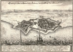 De vestingwerken van Landskrona, Zweden, veroverd door de Denen in de Scania Oorlog, 1676 door Unbekannt