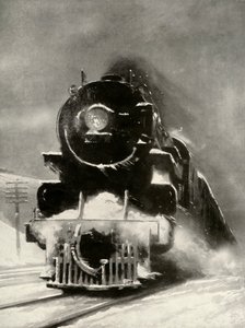 De woede van de sneeuwstorm maakt geen indruk op deze mammoetlocomotief, 1935 door Unbekannt
