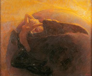 De gouden zon wekt de maan afgebeeld als een gevleugelde vrouw