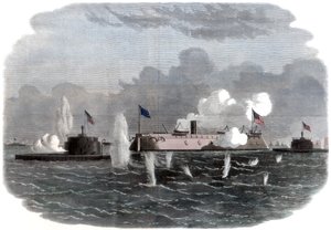 Het ijzeren fregat, nieuwe ijzerzijden, en twee Ericsson-batterijen gaan in actie bij Charleston, 18