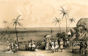 De kooplieden van Calicut gevangen en geketend aan een kale rots op bevel van Tippoo Saib, 1847