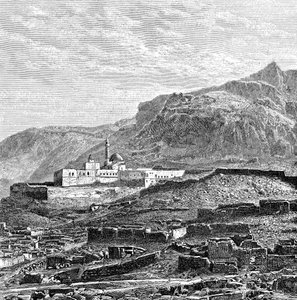 De moskee en de verwoeste wijk van Bayazid Dogubayazit, Turkije, 1895