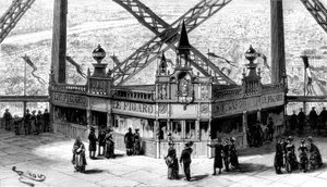 Het paviljoen van de Figaro, op de tweede verdieping van de Eiffeltoren, Parijs, 1889