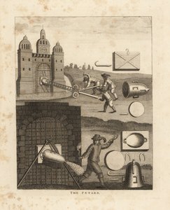 De petard, een middeleeuws explosief apparaat in de vorm van een metalen kegel gevuld met buskruit bevestigd aan een poort om deze open te blazen door Unbekannt