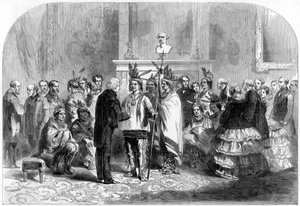 De president van de Verenigde Staten die de vijandige stammen overhaalt om handen te schudden, 1858