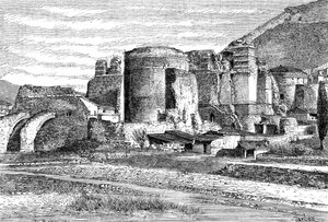 De ruïnes van de basiliek in Pergamon, Turkije, 1895