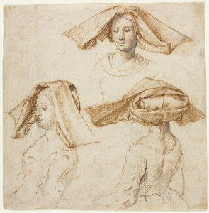 Drie Studies van een Vrouw met een Uitgebreide Hoofdbedekking, ca. 1500