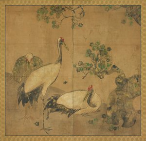 Drie kraanvogels onder een boom, Edo-periode, 1615-1868