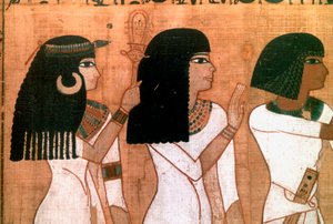 Drie zussen, detail van een oud-Egyptische muurschildering