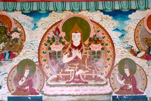 Tibetaans boeddhisme; muurschildering; Lama Tsongkharpa; Gelug-school; gele kappen; meditatie; verschillende handhoudingen; mudra