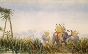 Tijger die een olifant aanvalt, deel van het Panorama van Londen naar Hong Kong