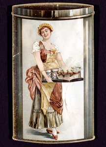 Handelskaart voor ingeblikte Frankfurters geproduceerd door Heinrich Bauer uit Frankfurt am Main, Duitsland, ca. 1895