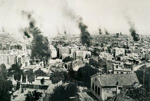 Tragische Week 1909, brand van kloosters. Afbeelding gepubliceerd in het tijdschrift "La Actualidad". Barcelona, Spanje