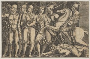 Trajanus vecht tegen de Daciërs, Trajanus te paard rechts rijdend naar een groep...